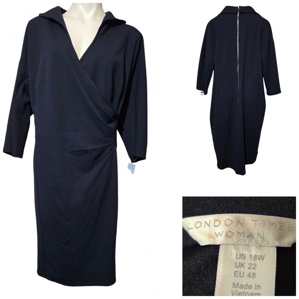 London Times Woman Navy Blue Wrap Sheath Dress Plus Size 18W Exposed Zipper NEW